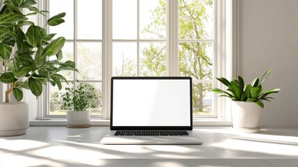 Aufkleber - The setting features a sleek laptop on a clean desk, illuminated by natural light streaming through expansive windows.