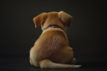 The rear view of a little brown puppy sitting against a dark backdrop, its posture and gentle fur highlighted, suggesting mystery and poise.