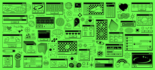 Fototapete - Rave y2k computer window page interface, vector UI of retro desktop pc screen. Acid vaporwave icons, stickers, browser windows, software and app dialog boxes. Y2k aesthetic grid shapes and rave smiles