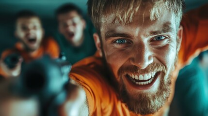 A man with a beard and bright eyes, smiling widely as he points a camera toward the viewer, capturing a playful and engaging moment with friends behind him.