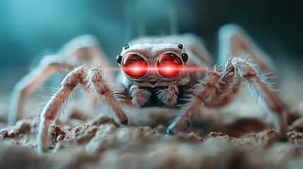 An advanced robotic spider showcases piercing red eye glow while traversing a dusty setting, blending mechanical prowess with otherworldly design elements.