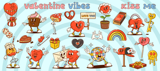 Poster - Groovy Valentine day and love characters in retro cartoon, vector comic hippie hearts. Valentine day groovy cartoon characters of funky cupcake with love message and melting silly lollipop emoji smile