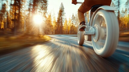 A cyclist swiftly turns on a sunlit forest road during a calm sunrise. The scene captures the tranquility and beauty of nature, emphasizing the joy of adventure.