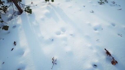 Wall Mural - pristine snow covering forest floor with tree shadows and peeking leaves