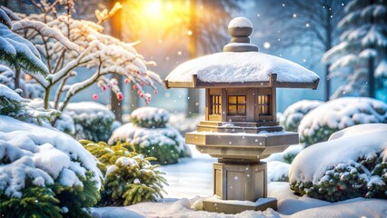 Japanese stone lantern in a snowy garden with soft lighting and tranquil atmosphere