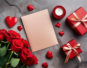 Valentines day greeting card with red roses bouquet, candle, hearts and red gift boxes on stone background. Copy space for text