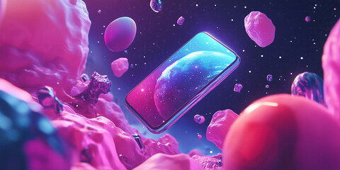 Smartphone with edge-to-edge display floating in space, illustration art