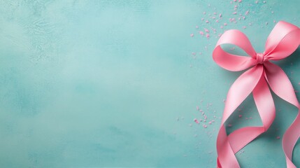 Wall Mural - Delicate pink ribbon tied in a bow on a soft blue background, ideal for decorative purposes or gifts