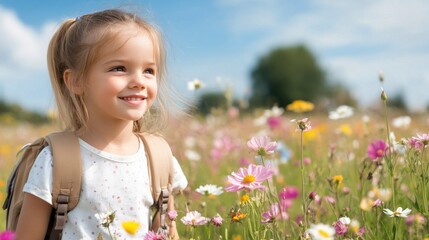 Young girl smiles joyfully while exploring a vibrant flower field on a sunny day