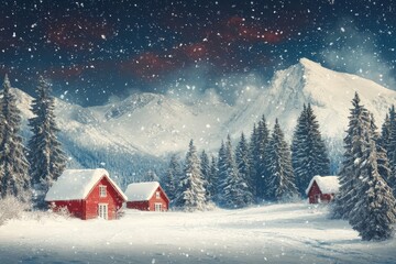 Wall Mural - Cozy red cabins nestled in a snowy landscape during a winter snowfall in the mountains