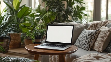 Aufkleber - A stylish indoor workspace featuring a laptop on a wooden table. The area is adorned with various houseplants and soft cushions, creating a warm and inviting atmosphere during the day.