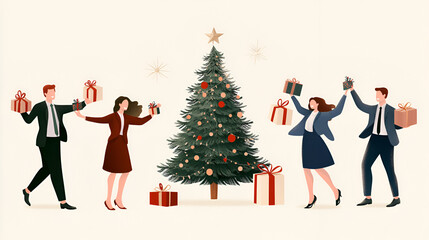 Flat illustration of people dancing around a Christmas tree, dressed in business attire and carrying gifts, isolated on a white background