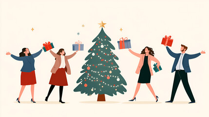 Flat illustration of people dancing around a Christmas tree, dressed in business attire and carrying gifts, isolated on a white background