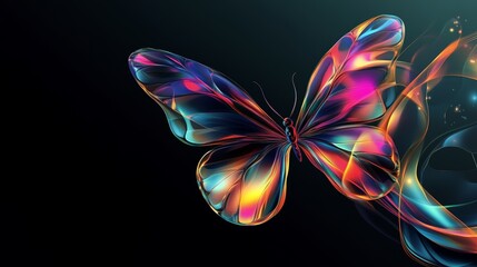 Wall Mural - A stylized butterfly rendered in abstract digital artwork, featuring vibrant colors, sleek curves, and an ethereal glow against a contrasting dark backdrop.