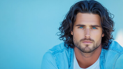 A handsome man with striking blue eyes poses confidently against a vibrant blue background, showcasing his stylish casual attire