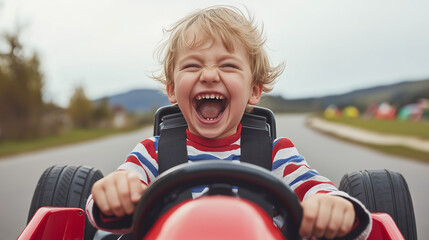 Excited child in go-kart with helmet, expressing joy and thrill of speed, symbolizing fun, adventure, and childhood excitement in outdoor racing