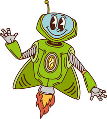 Poster - Cartoon retro groovy flying robot character or space alien droid, vector funky personage. Retro robot rocket or galaxy space android and spaceman bot with funny face and smile for kids retro cyborg