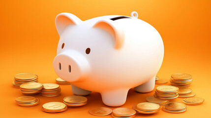 Piggy bank and coins, A white piggy bank with coins on an orange background, Concept of economy and thrift