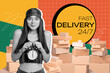 © deagreez - Composite photo collage of happy girl client hold alarm clock fast delivery service box pile import order isolated on painted background