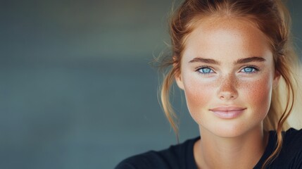 Young woman with bright blue eyes and natural makeup poses against a dark wooden background