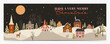 © mimi - Christmas greetings banner with a peaceful snowy winter village, colorful houses, reindeers, snowman and colorful text, vector illustration