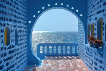 Blue Walls Frame a View of the Sea Through an Archway