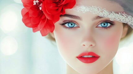 Young woman with blue eyes and flower crown poses against rustic wooden background outdoors