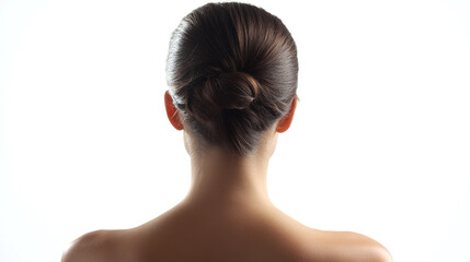 A minimalist, back-view portrait of a woman with her hair elegantly styled in a bun, set against a soft background. The smooth, flawless appearance highlights sophistication and simplicity