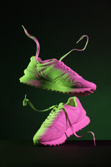 Wall Mural - Pair of stylish sneakers in air against dark background in neon lights