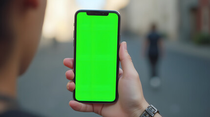 Hand holding smartphone with green screen on blurred background of street.