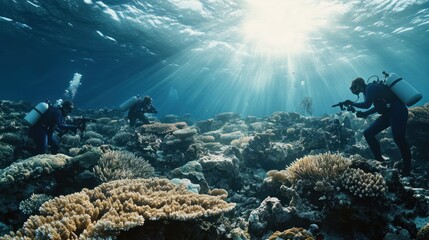 Four scuba divers explore a vibrant coral reef in a clear blue ocean. Sunbeams pierce the water from above.