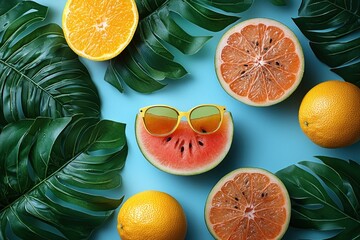 Watermelon Slice with Sunglasses and Tropical Fruit on a Blue Background