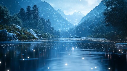 A tranquil river under a starry night sky is illuminated by a subtle, glowing digital network, creating a magical fusion of natural and modern elements.