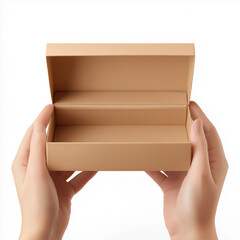 Hands holding open empty cardboard box on white background, representing packaging, shipping, gift giving, storage solution, online shopping, eco-friendly packaging, and moving supplies.