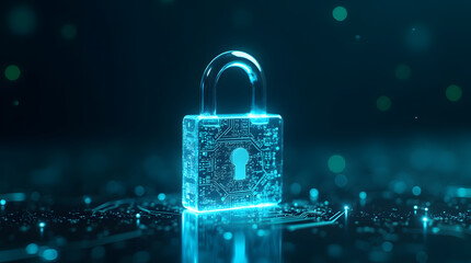 Cyber security and information protection concept. Glowing padlock on dark digital background.