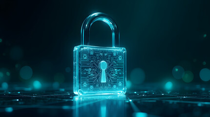 Cyber security and information protection concept. Glowing padlock on dark digital background.