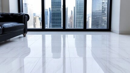 A modern living room with a large window overlooking the city. The room is clean and bright, with white tile flooring.