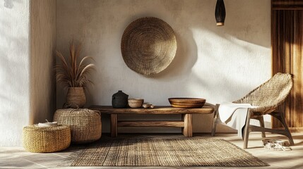 Wall Mural - Stylish ethnic composition in a living room with wicker baskets, wooden bench, armchair, and elegant personal accessories. Cozy apartment