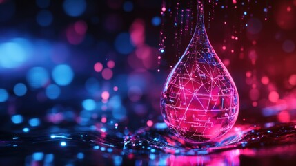 A single water drop with a digital pattern inside, falling onto a water surface, with a bokeh background in blue and pink.
