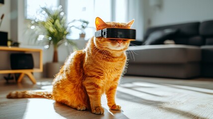 A playful cat wearing VR goggles sat on a cozy rug in the middle of a modern living room.