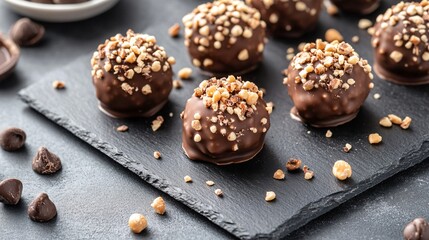 Hazelnut chocolate beignets, placed on a dark slate board, isolated on a gray surface, surrounded by crushed hazelnuts and chocolate chips