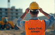 © Iaroslav - A worker in an orange safety vest adjusts his helmet, with 'Safety First' written on his back, emphasizing commitment to workplace safety.