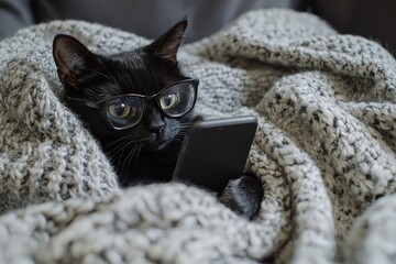 Wearing glasses, a black cat lies on a pink blanket listening intently to the smartphone.