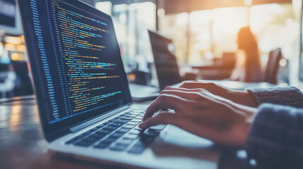 software engineer coding on a laptop in a modern office, software development, engineering tech