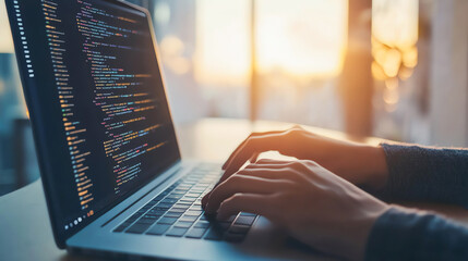 Software engineer coding on a laptop in a modern office, software development, engineering tech