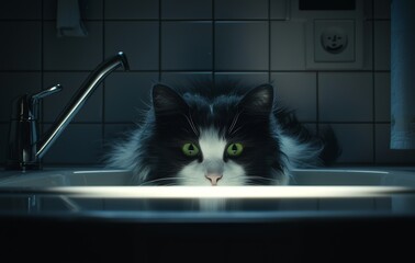 In the bathroom, a cute cat is inside the sink using Stock technology