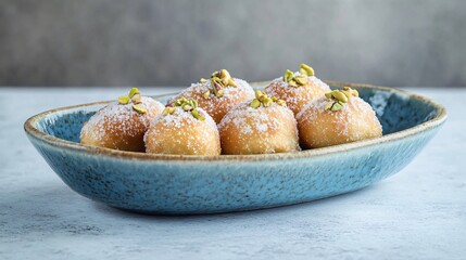 Pistachio-filled beignets, served on a blue ceramic dish, isolated on a light gray background, with crushed pistachios and a light sugar dusting