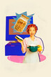 © deagreez - Composite trend artwork sketch image photo collage of young lady housewife hairdo cooking pot kitchen dinner jar pasta recipe emoji happy