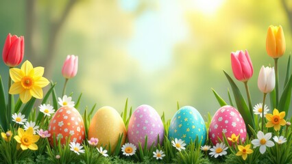 Easter background, include colorful decorated Easter eggs, spring flowers (tulips and daffodils), copy space in the middle, horizontal