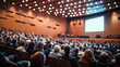© BURINKUL - Large auditorium with a stage set up for a business presentation, seats filling up with attendees, business event, conference hall